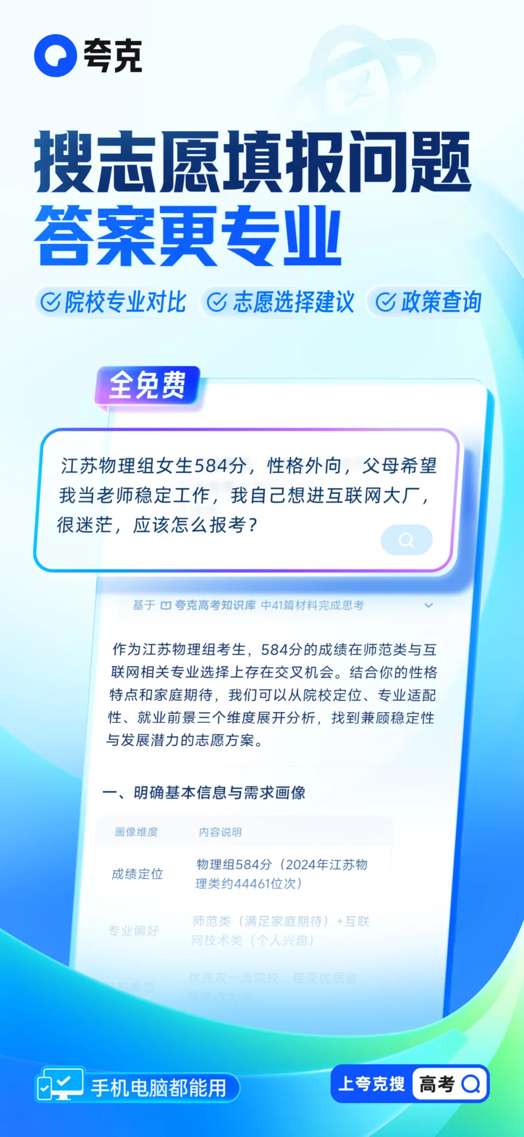 夸克发布高考志愿大模型:智能体帮你提供定制专属报告