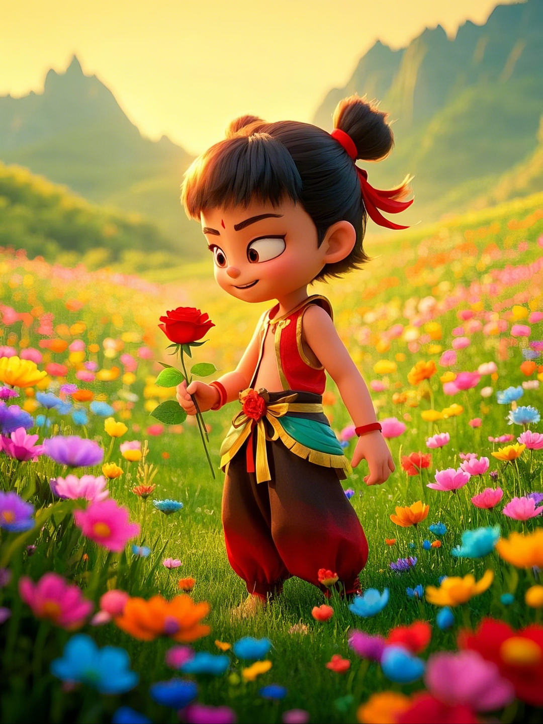 即梦AI【哪吒系列】| 吒儿会浪漫,手捧玫瑰花,女神节画面美到哭!