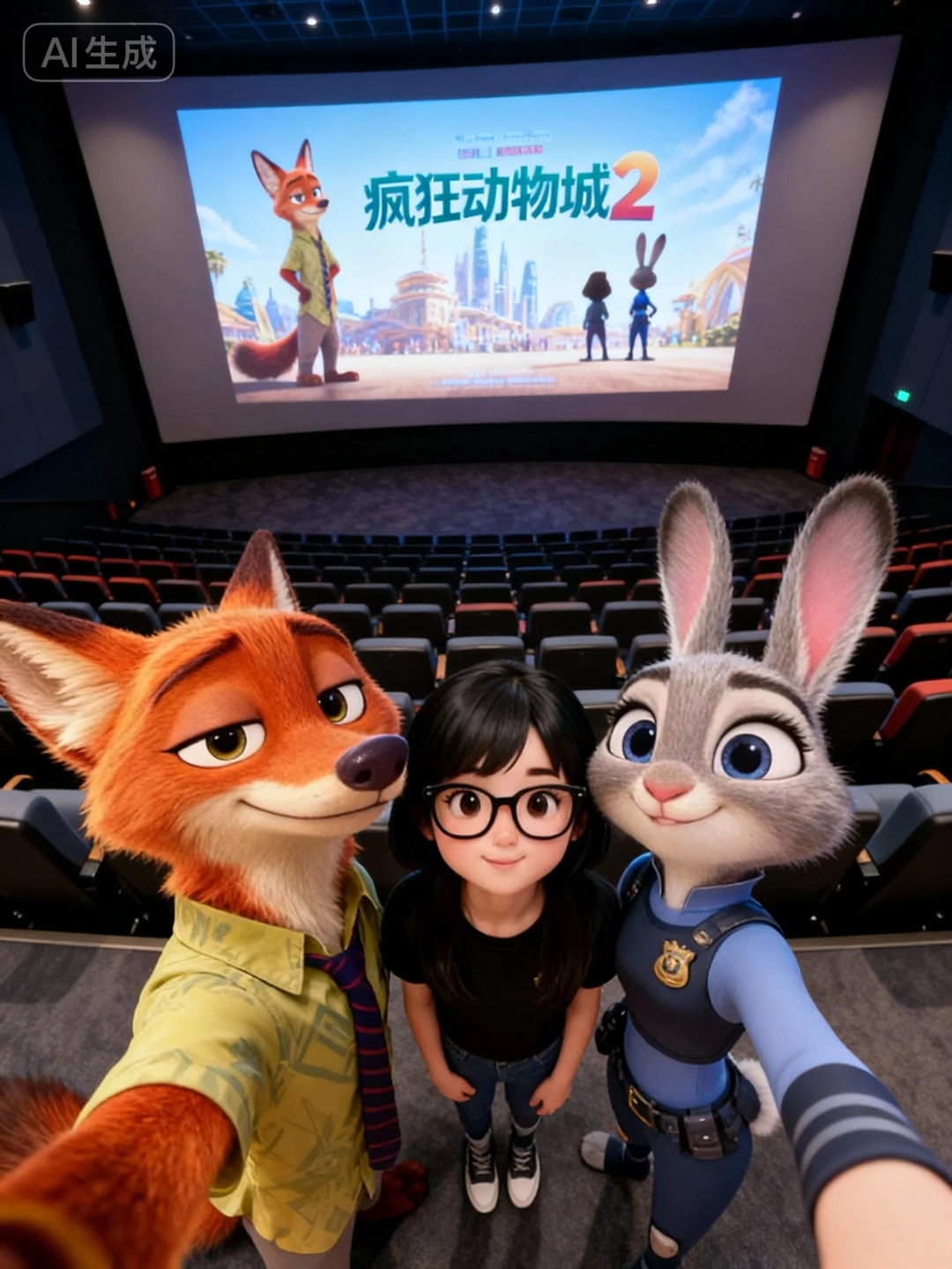 2步学会,即梦AI生成《疯狂动物城2》电影院合影(附提示词)