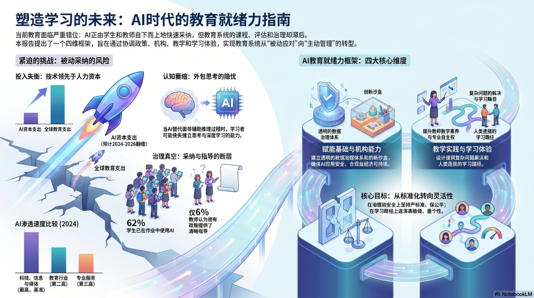 教育领域真正的问题不是“是否采用AI”,而是教育系统是否已经准备好迎接AI时代。世界经济论坛指出了四大风险,提出了一个AI就绪框架