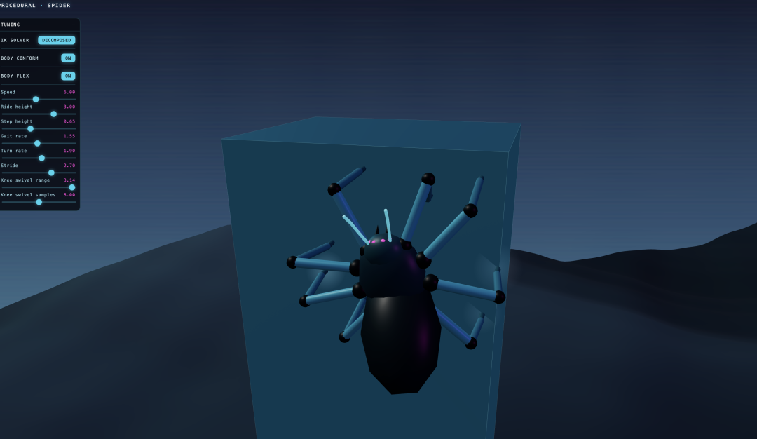 Threejs: 一只根据周围环境构建自己动作姿态的蜘蛛