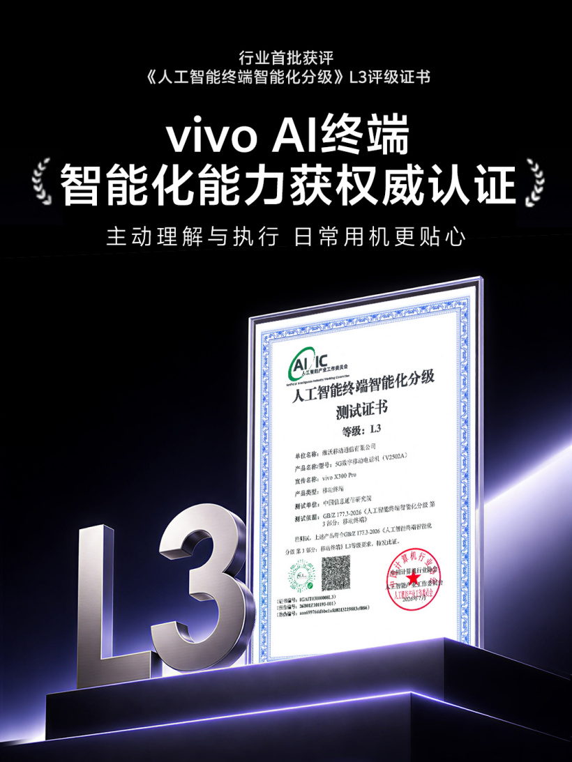 vivo 获首批《人工智能终端智能化分级》系列国家标准 L3 评级证书