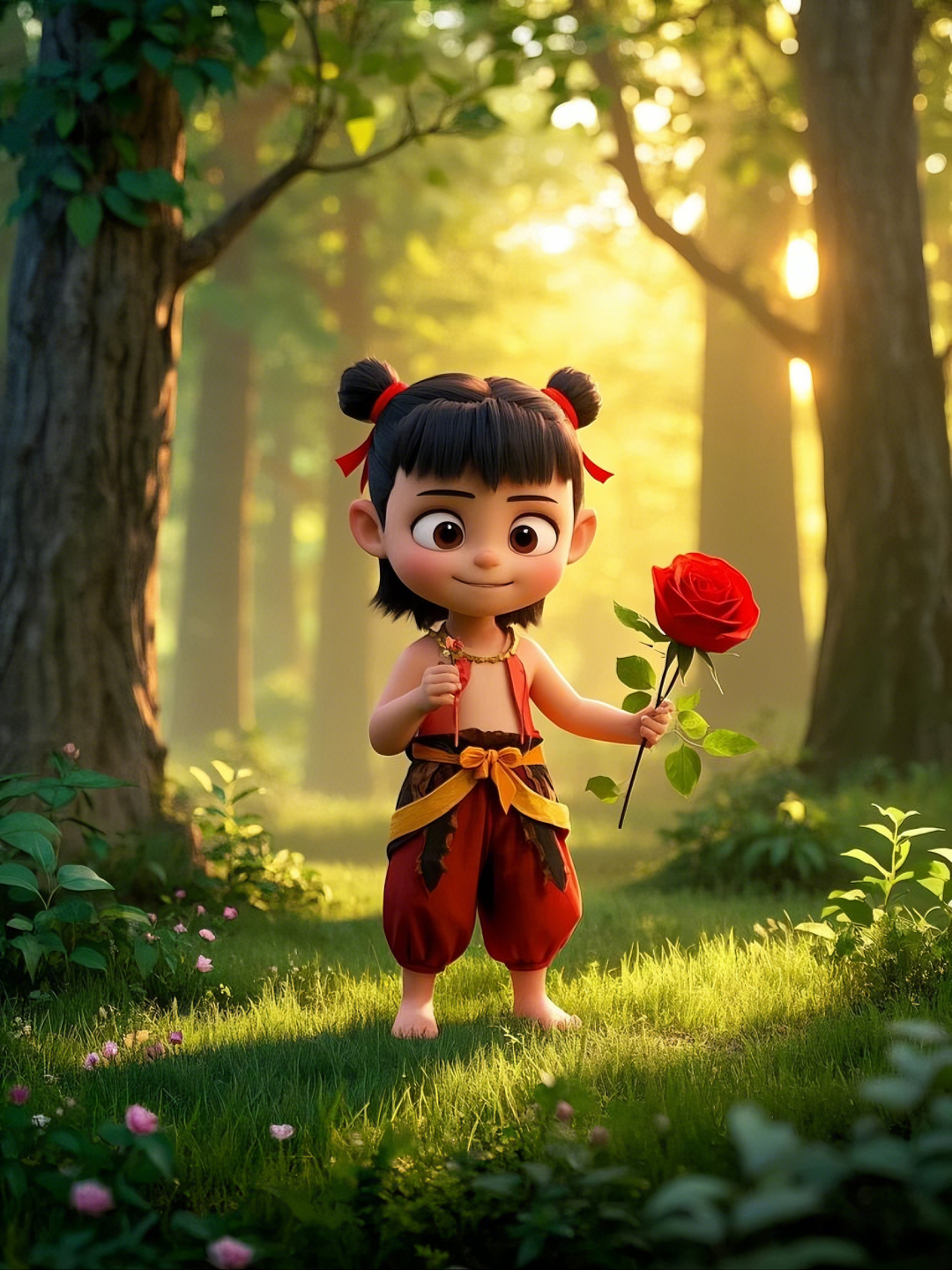 即梦AI【哪吒系列】| 吒儿会浪漫,手捧玫瑰花,女神节画面美到哭!