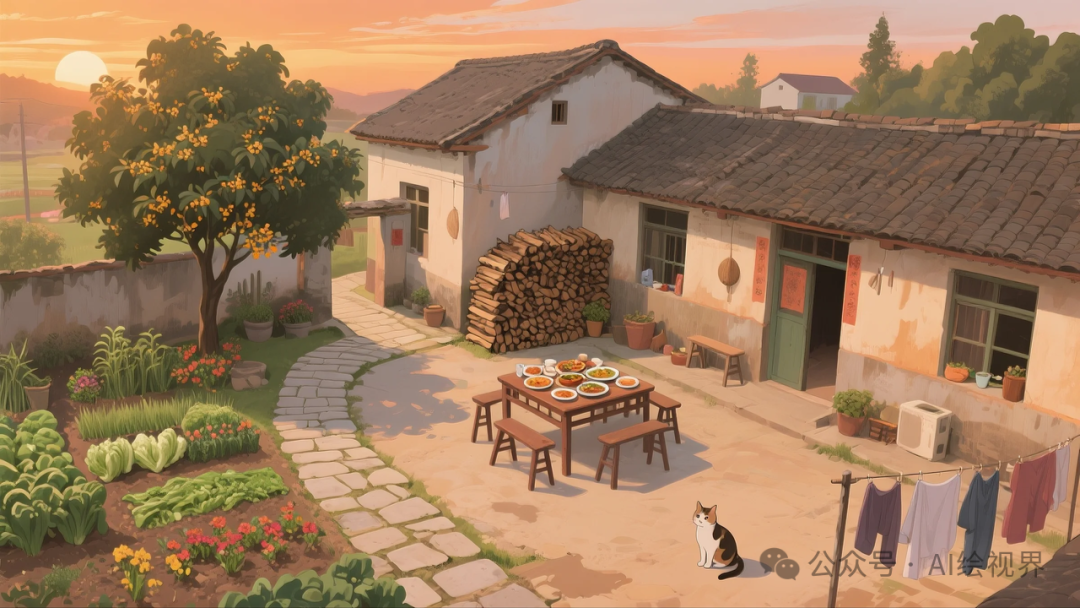 即梦AI 【怀旧主题】| AI 笔下的 10 款 80 年代农家大院治愈系插画，哪一幅勾起你的乡愁？