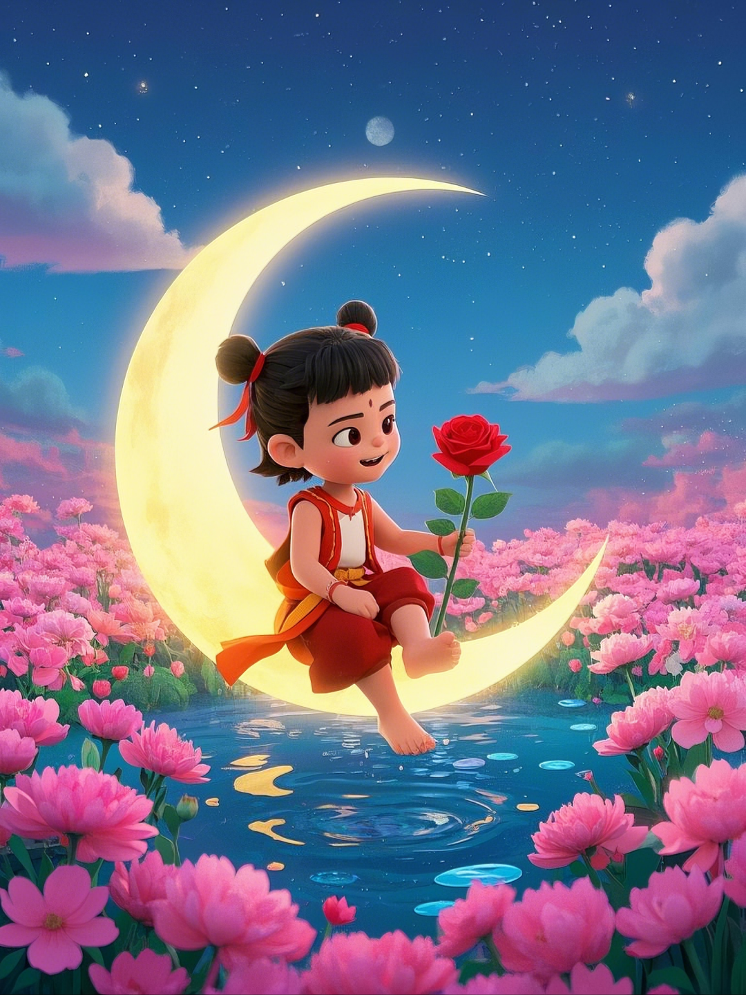 即梦AI【哪吒系列】| 吒儿会浪漫,手捧玫瑰花,女神节画面美到哭!