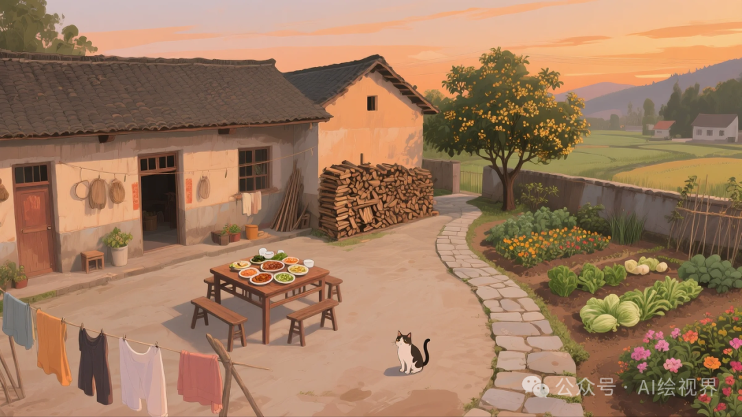 即梦AI 【怀旧主题】| AI 笔下的 10 款 80 年代农家大院治愈系插画，哪一幅勾起你的乡愁？