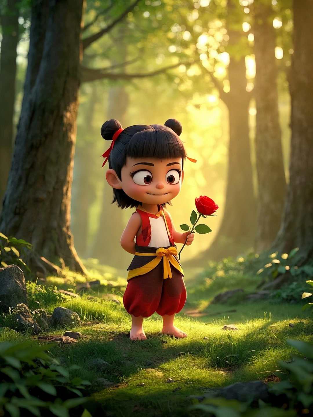 即梦AI【哪吒系列】| 吒儿会浪漫,手捧玫瑰花,女神节画面美到哭!