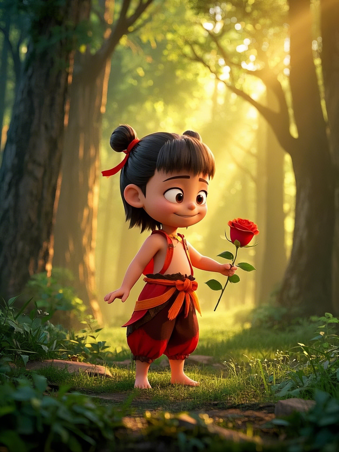 即梦AI【哪吒系列】| 吒儿会浪漫,手捧玫瑰花,女神节画面美到哭!