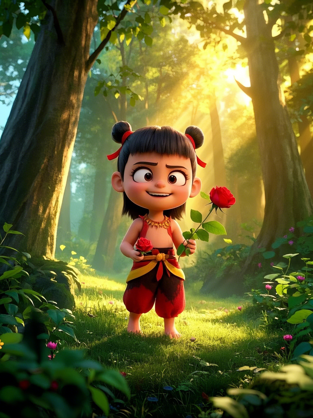 即梦AI【哪吒系列】| 吒儿会浪漫,手捧玫瑰花,女神节画面美到哭!