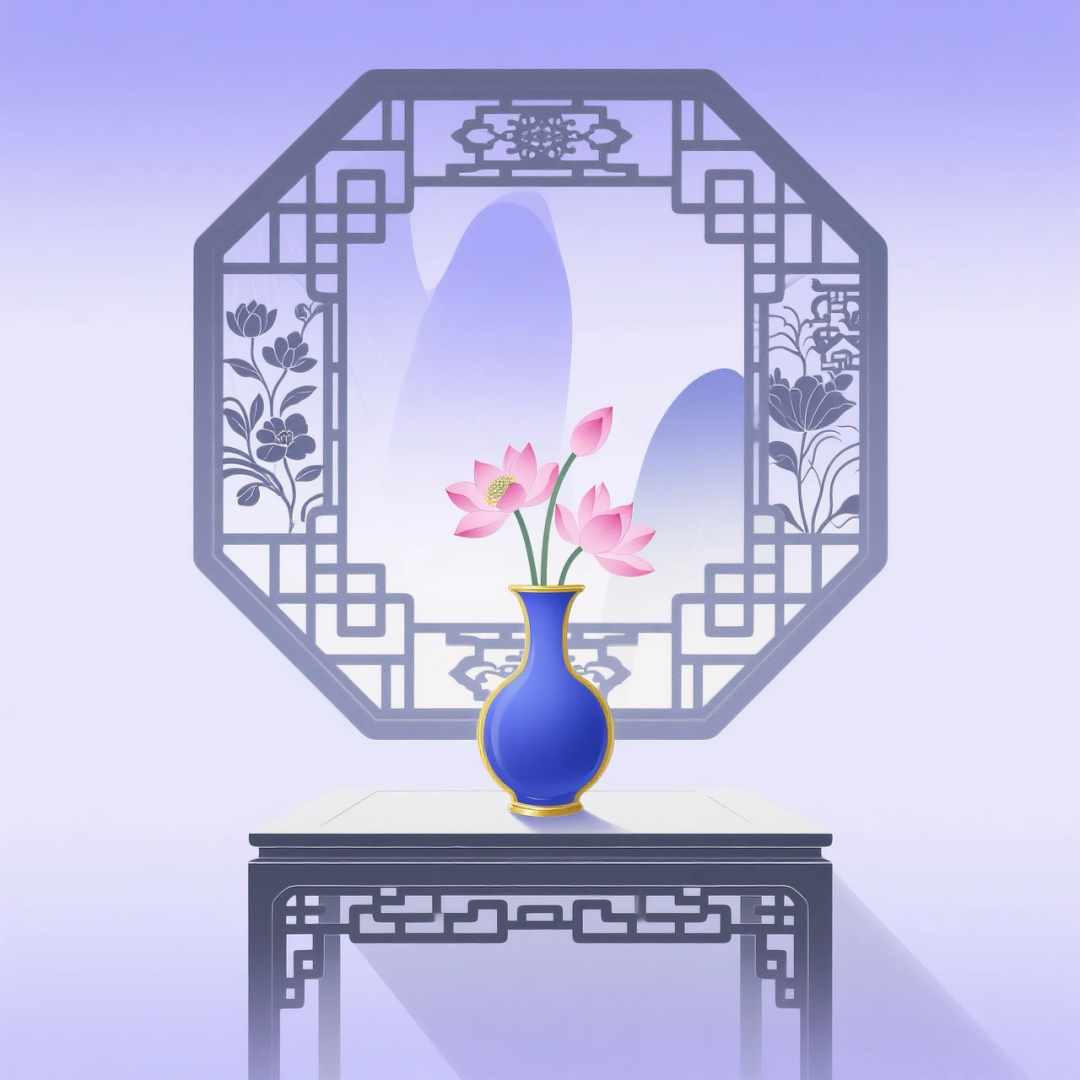 即梦AI 【东方美学】| 新中式扁平插画，花窗与花瓶之美，附提示词