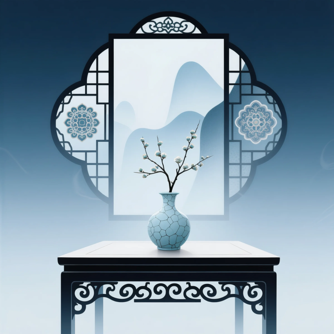 即梦AI 【东方美学】| 新中式扁平插画，花窗与花瓶之美，附提示词