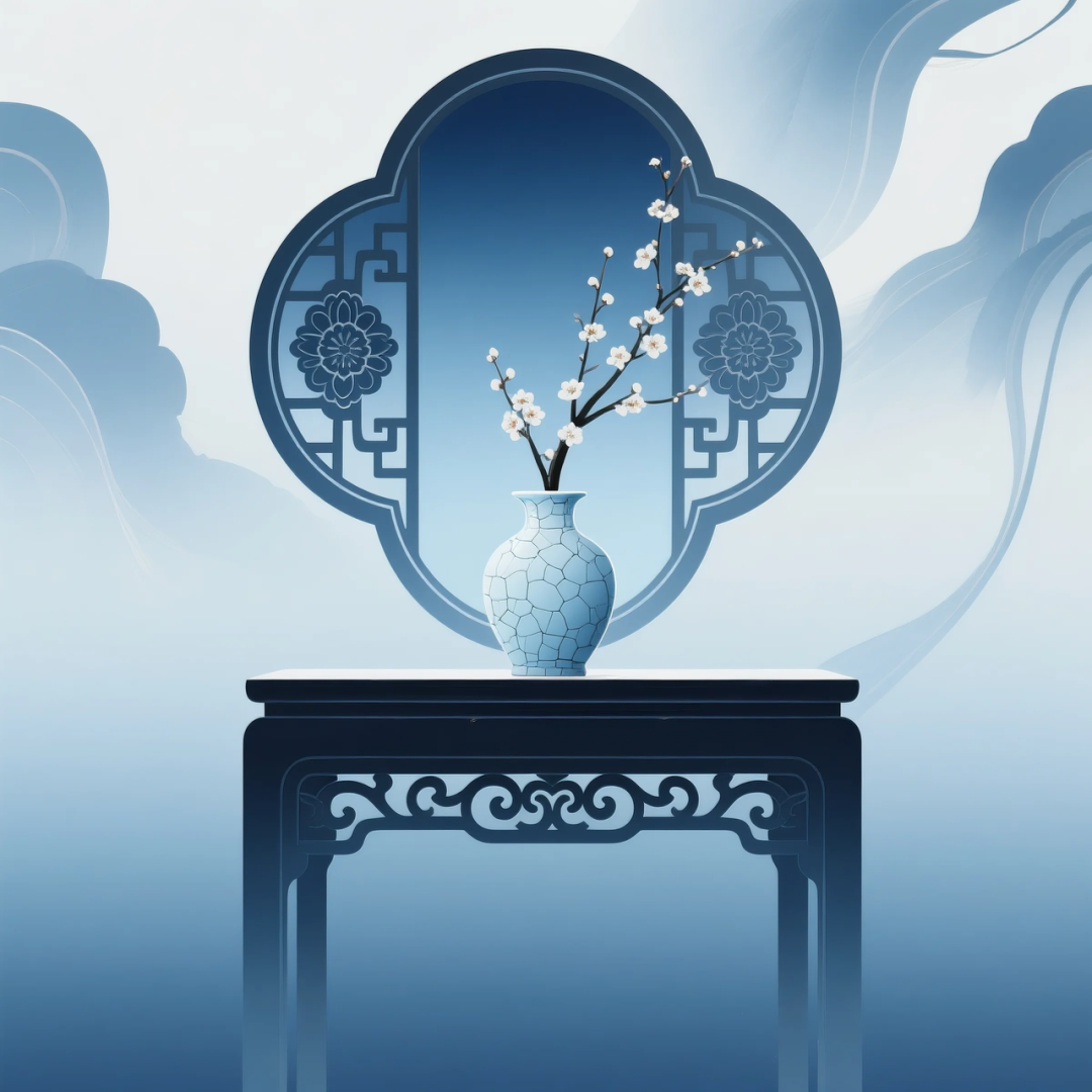 即梦AI 【东方美学】| 新中式扁平插画，花窗与花瓶之美，附提示词