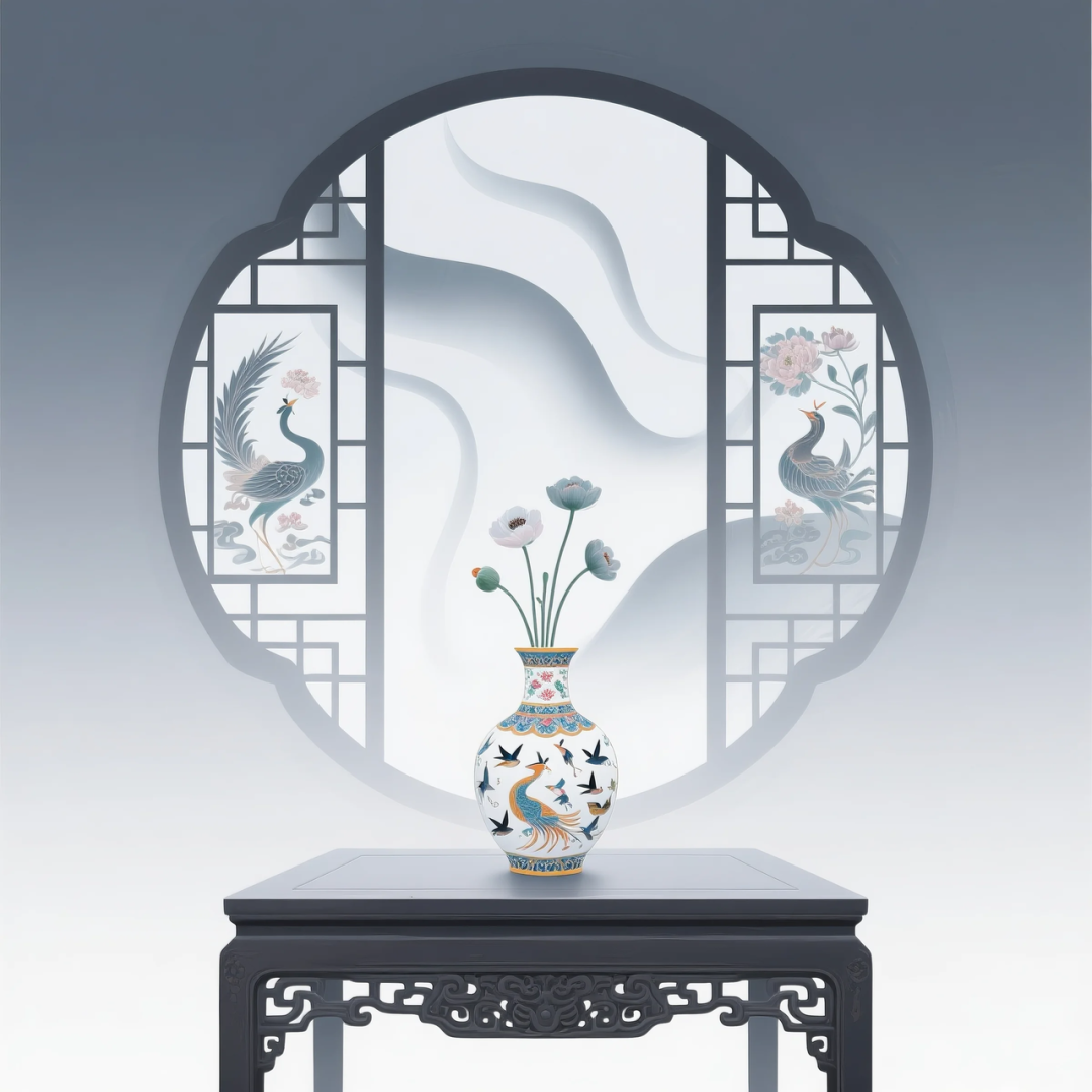 即梦AI 【东方美学】| 新中式扁平插画，花窗与花瓶之美，附提示词