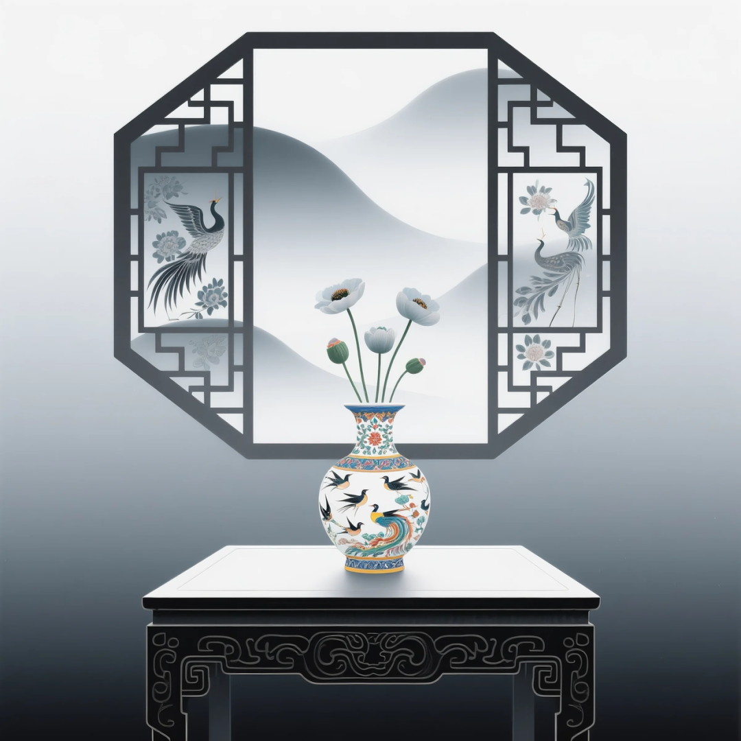 即梦AI 【东方美学】| 新中式扁平插画，花窗与花瓶之美，附提示词