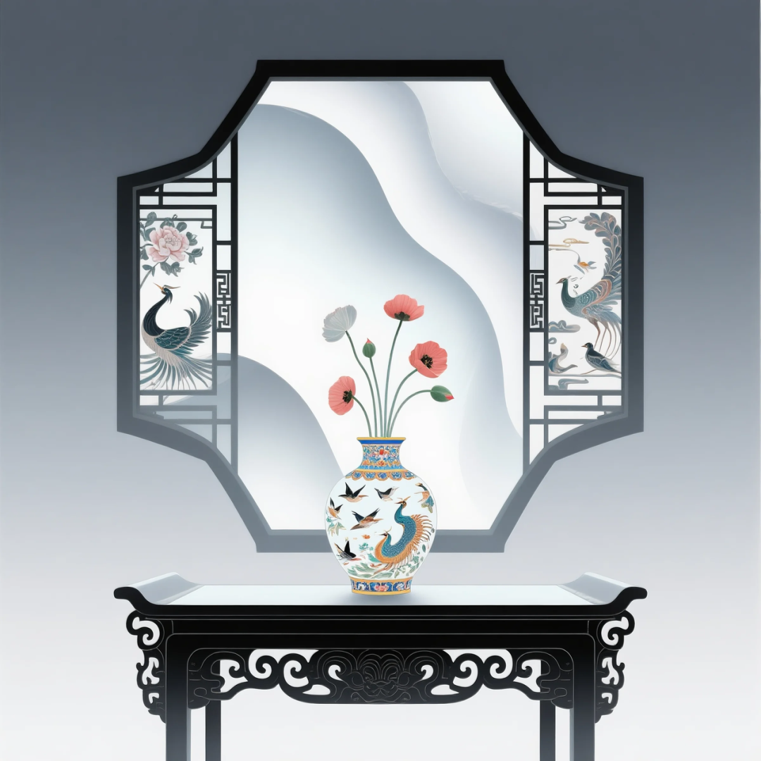 即梦AI 【东方美学】| 新中式扁平插画，花窗与花瓶之美，附提示词