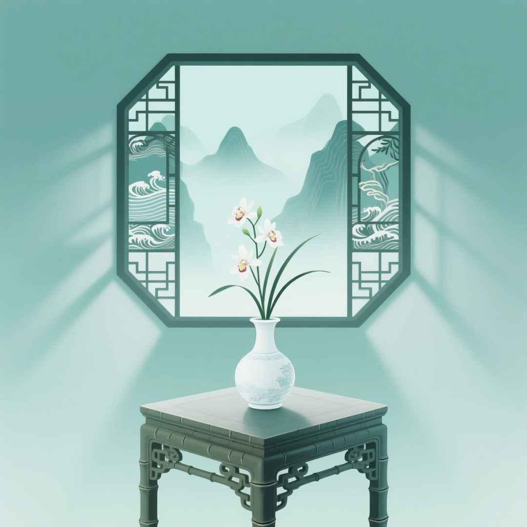 即梦AI 【东方美学】| 新中式扁平插画，花窗与花瓶之美，附提示词