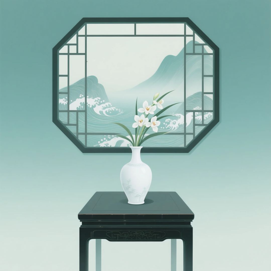 即梦AI 【东方美学】| 新中式扁平插画，花窗与花瓶之美，附提示词