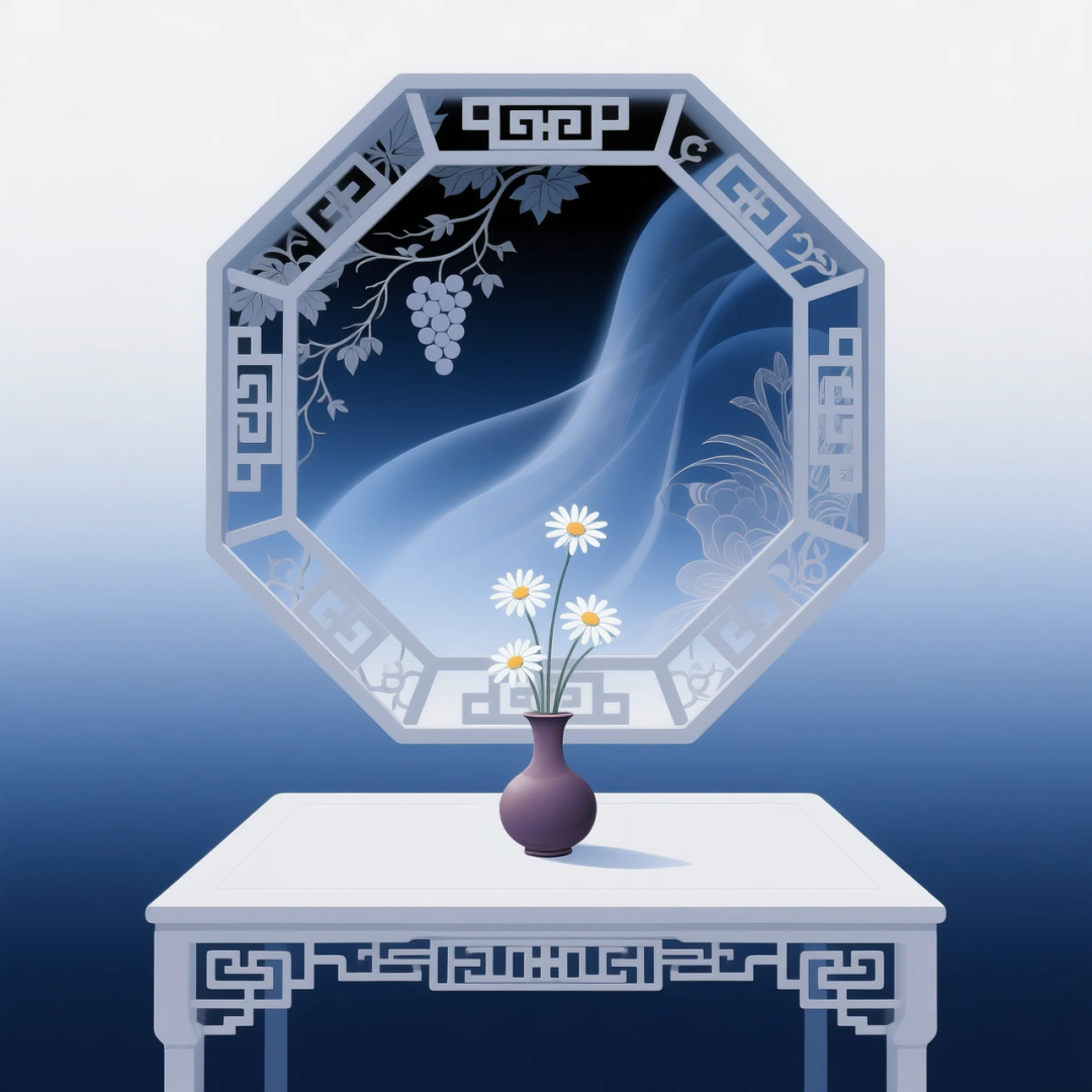即梦AI 【东方美学】| 新中式扁平插画，花窗与花瓶之美，附提示词