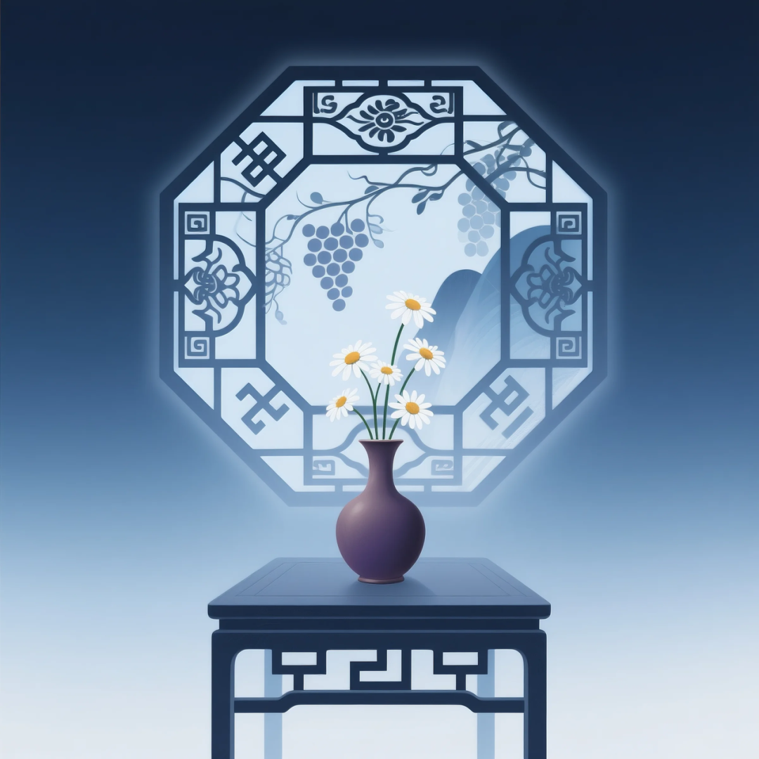 即梦AI 【东方美学】| 新中式扁平插画，花窗与花瓶之美，附提示词