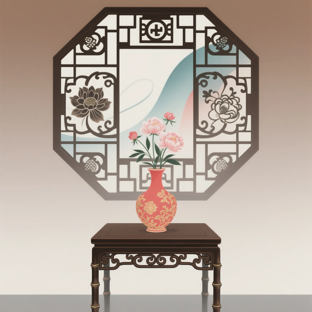 即梦AI 【东方美学】| 新中式扁平插画，花窗与花瓶之美，附提示词