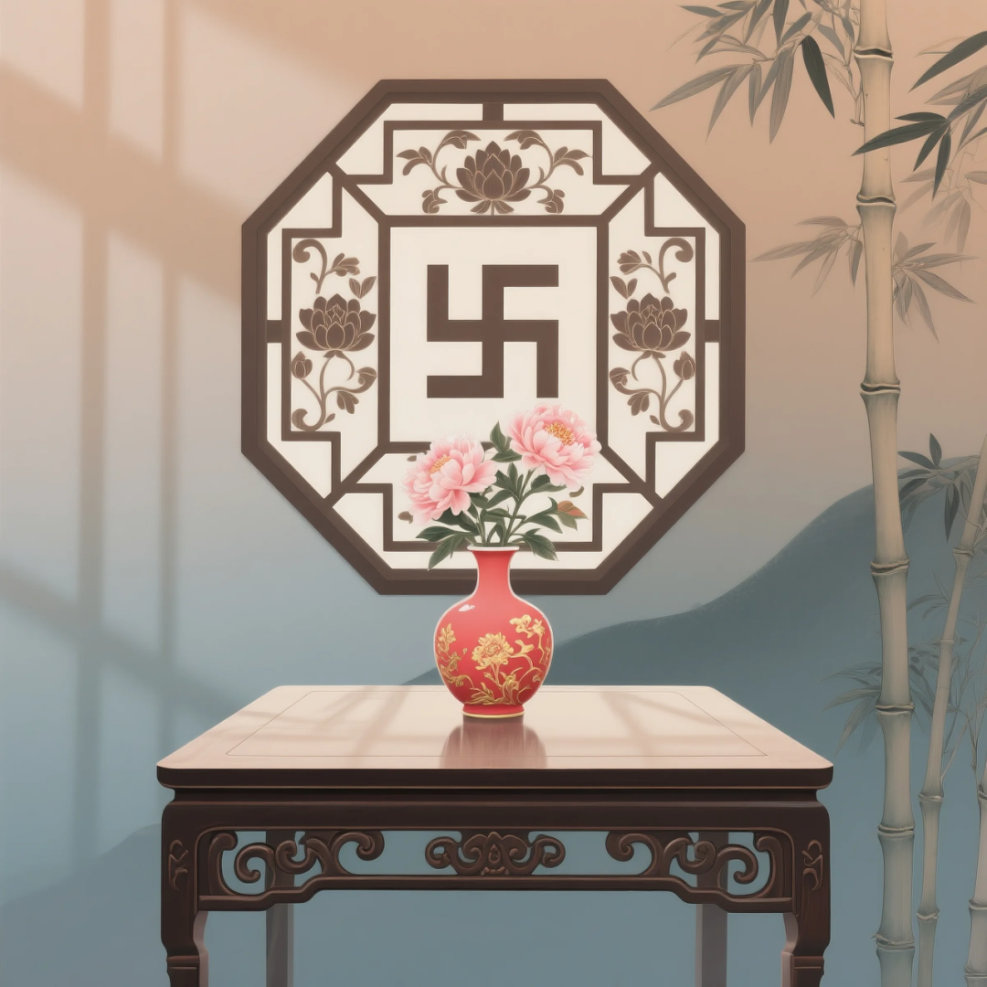 即梦AI 【东方美学】| 新中式扁平插画，花窗与花瓶之美，附提示词