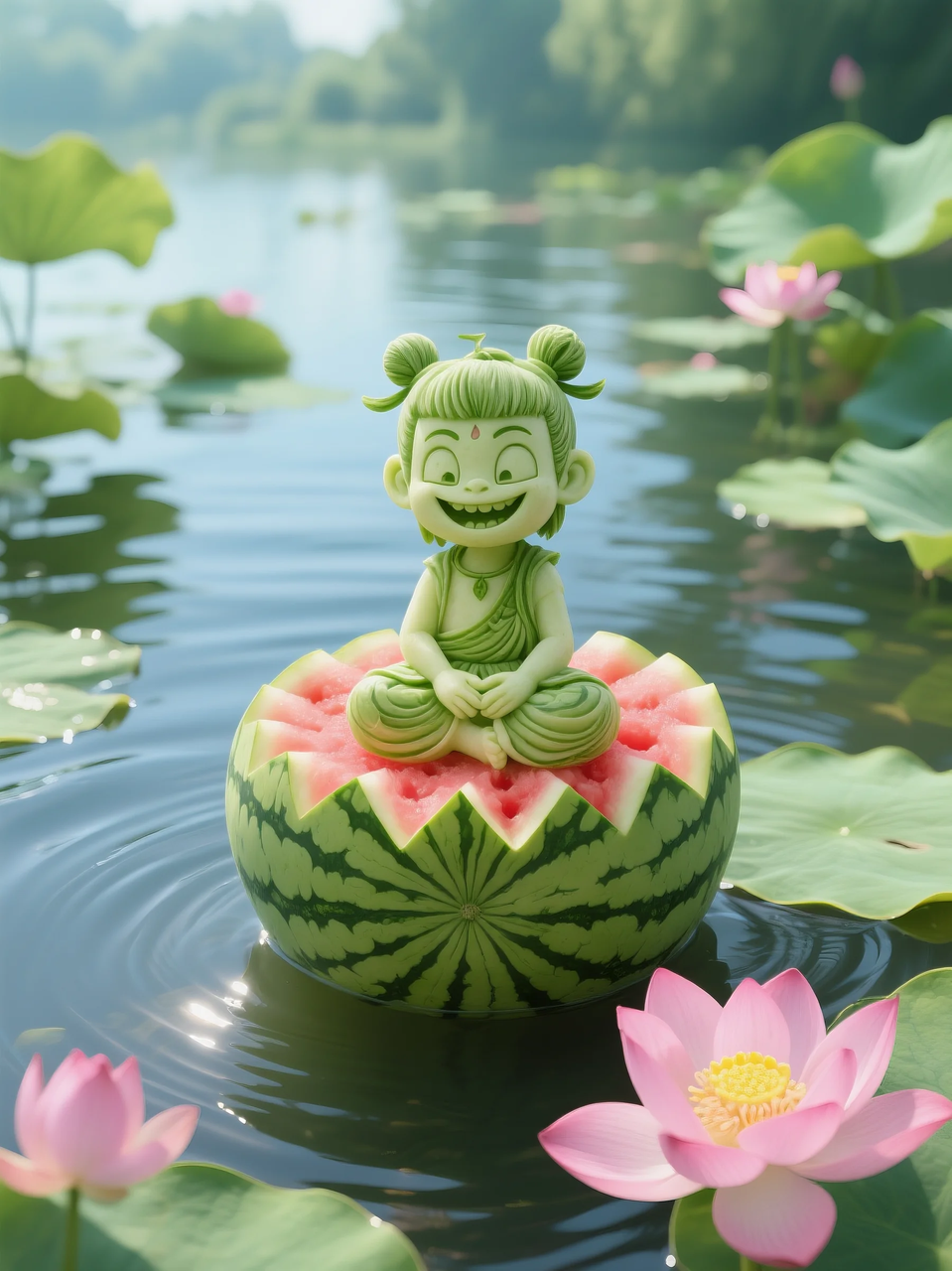 即梦AI 【水果】【西瓜】| 暑日修禅，炽火化凉～荷香漫漫，附提示词