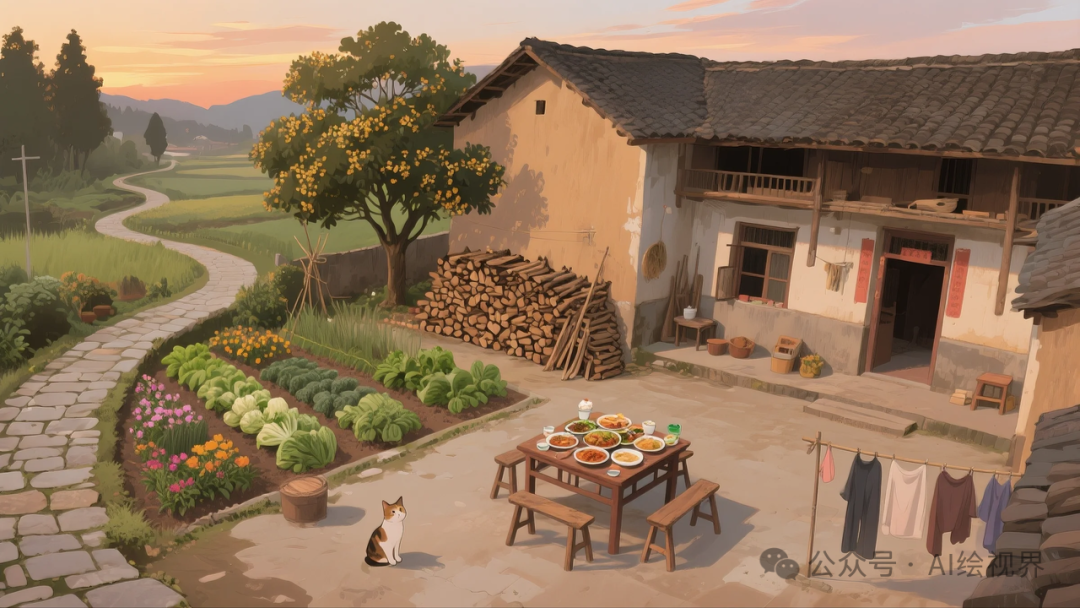 即梦AI 【怀旧主题】| AI 笔下的 10 款 80 年代农家大院治愈系插画，哪一幅勾起你的乡愁？