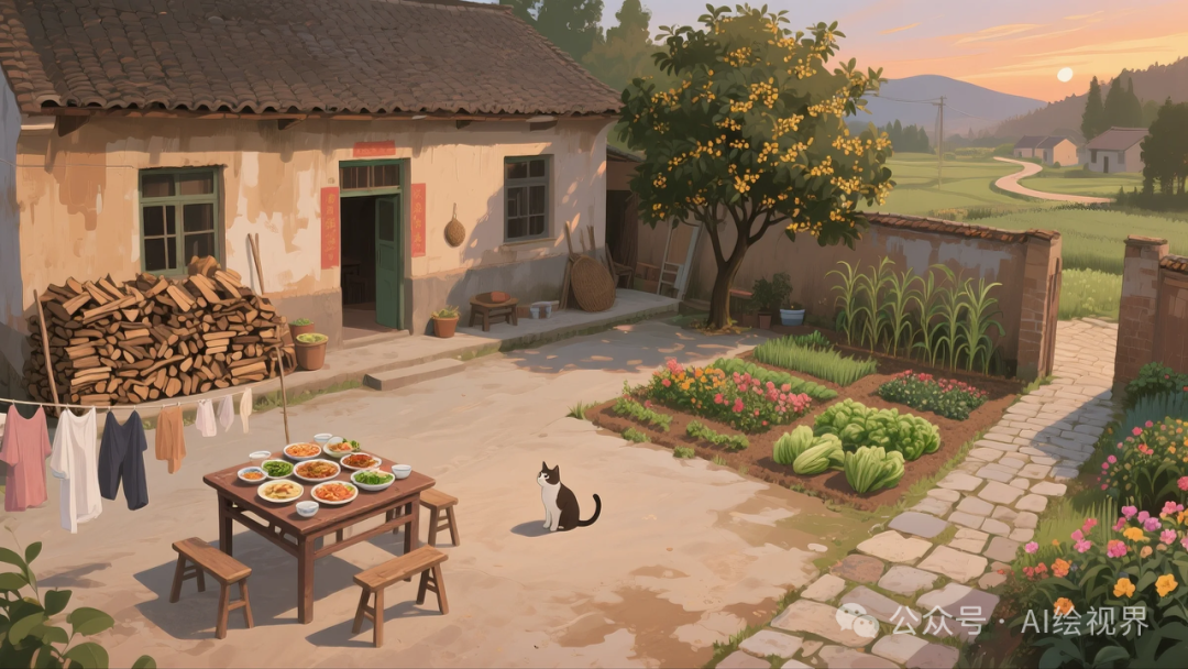 即梦AI 【怀旧主题】| AI 笔下的 10 款 80 年代农家大院治愈系插画，哪一幅勾起你的乡愁？