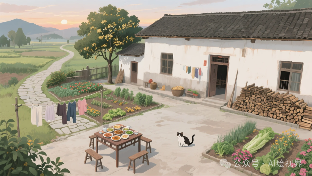 即梦AI 【怀旧主题】| AI 笔下的 10 款 80 年代农家大院治愈系插画，哪一幅勾起你的乡愁？