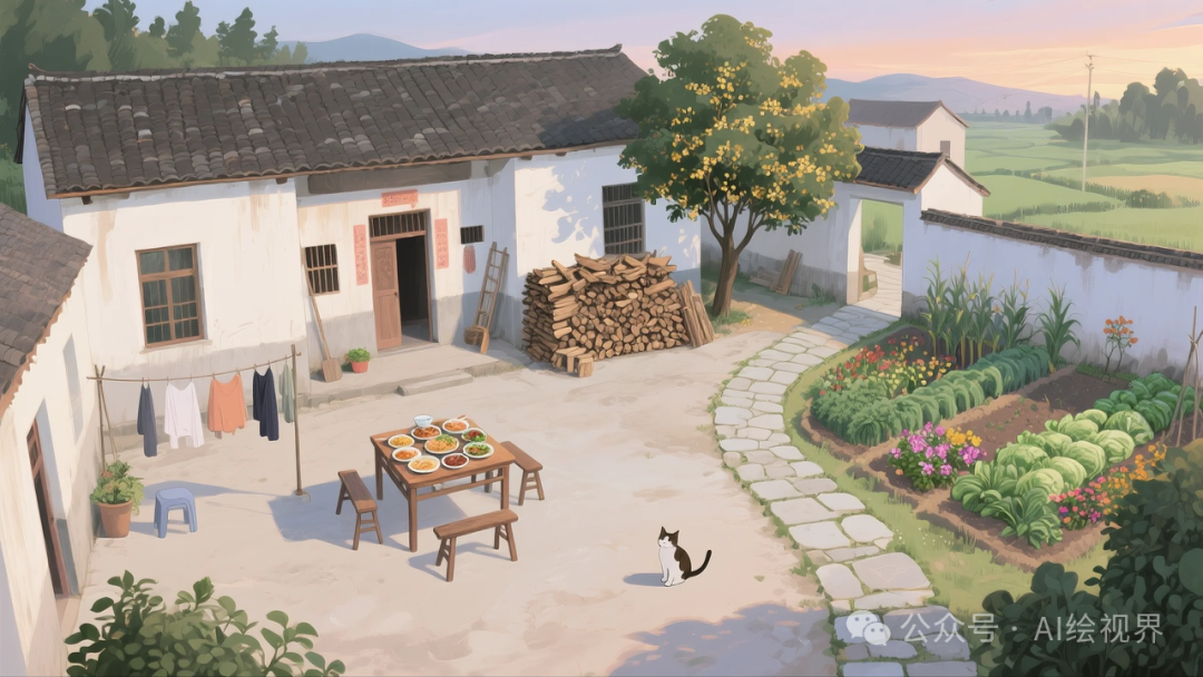 即梦AI 【怀旧主题】| AI 笔下的 10 款 80 年代农家大院治愈系插画，哪一幅勾起你的乡愁？