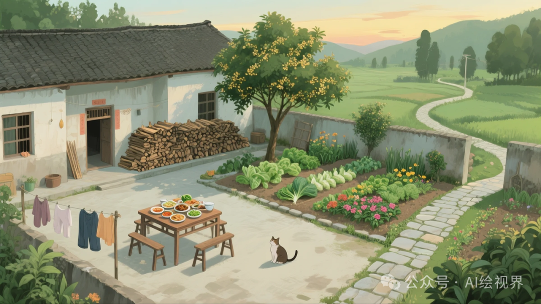 即梦AI 【怀旧主题】| AI 笔下的 10 款 80 年代农家大院治愈系插画，哪一幅勾起你的乡愁？