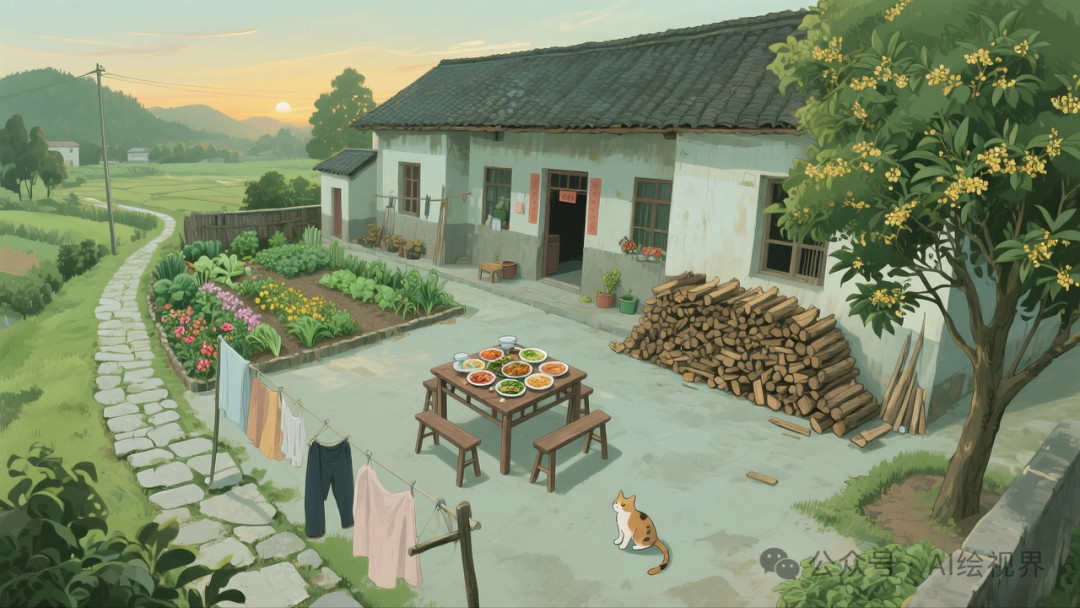 即梦AI 【怀旧主题】| AI 笔下的 10 款 80 年代农家大院治愈系插画，哪一幅勾起你的乡愁？