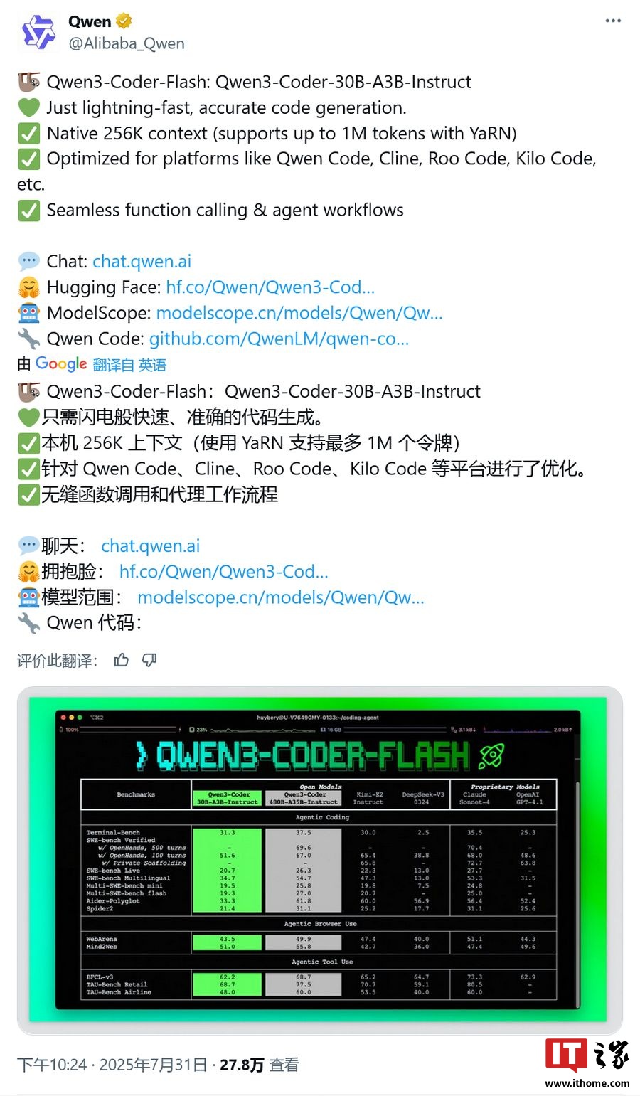 阿里通义千问发布 Qwen3-Coder-Flash 模型，AI 智能体编程 / 操控浏览器等领域媲美 GPT-4.1 等领先闭源模型