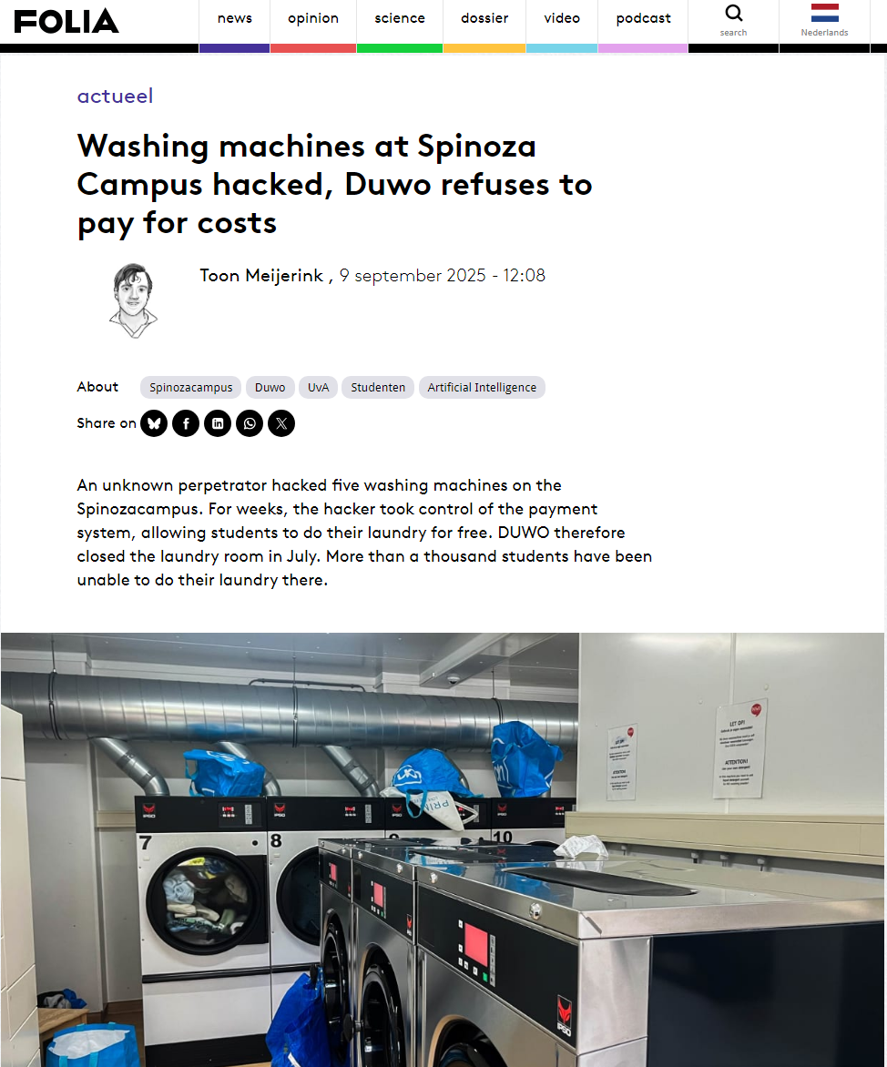 黑客入侵荷兰校园智能洗衣机，超千名学生可免费洗衣服