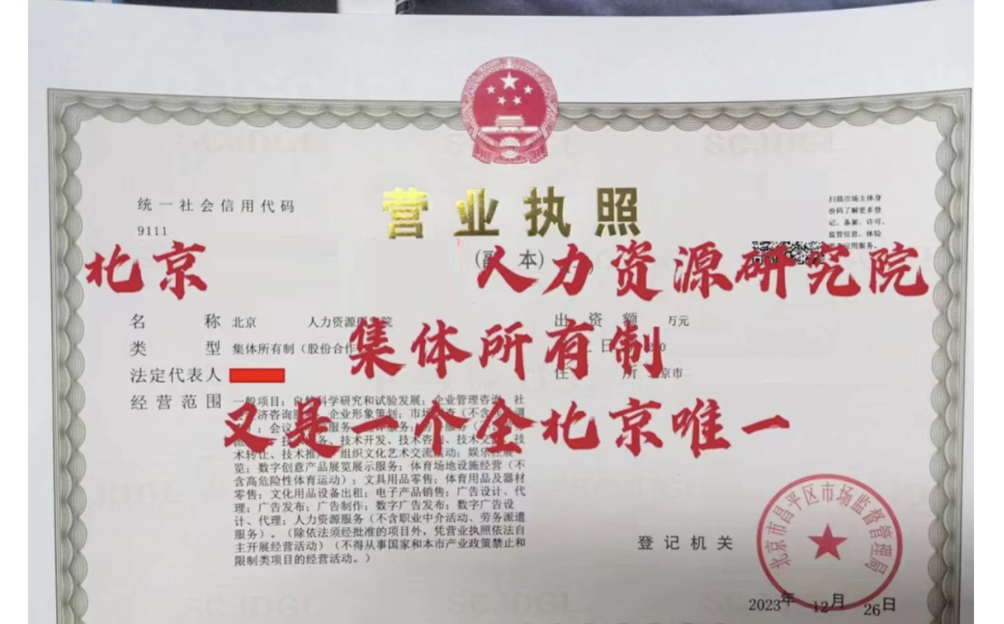 转让北京人力资源研究院，集体所有制单位