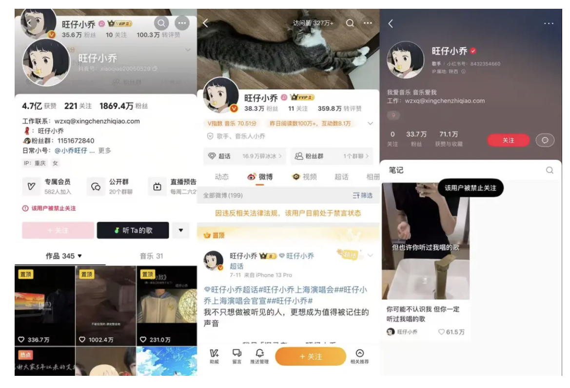 千万粉丝博主“旺仔小乔”多平台账号被禁止关注,抖音账号掉粉超475万