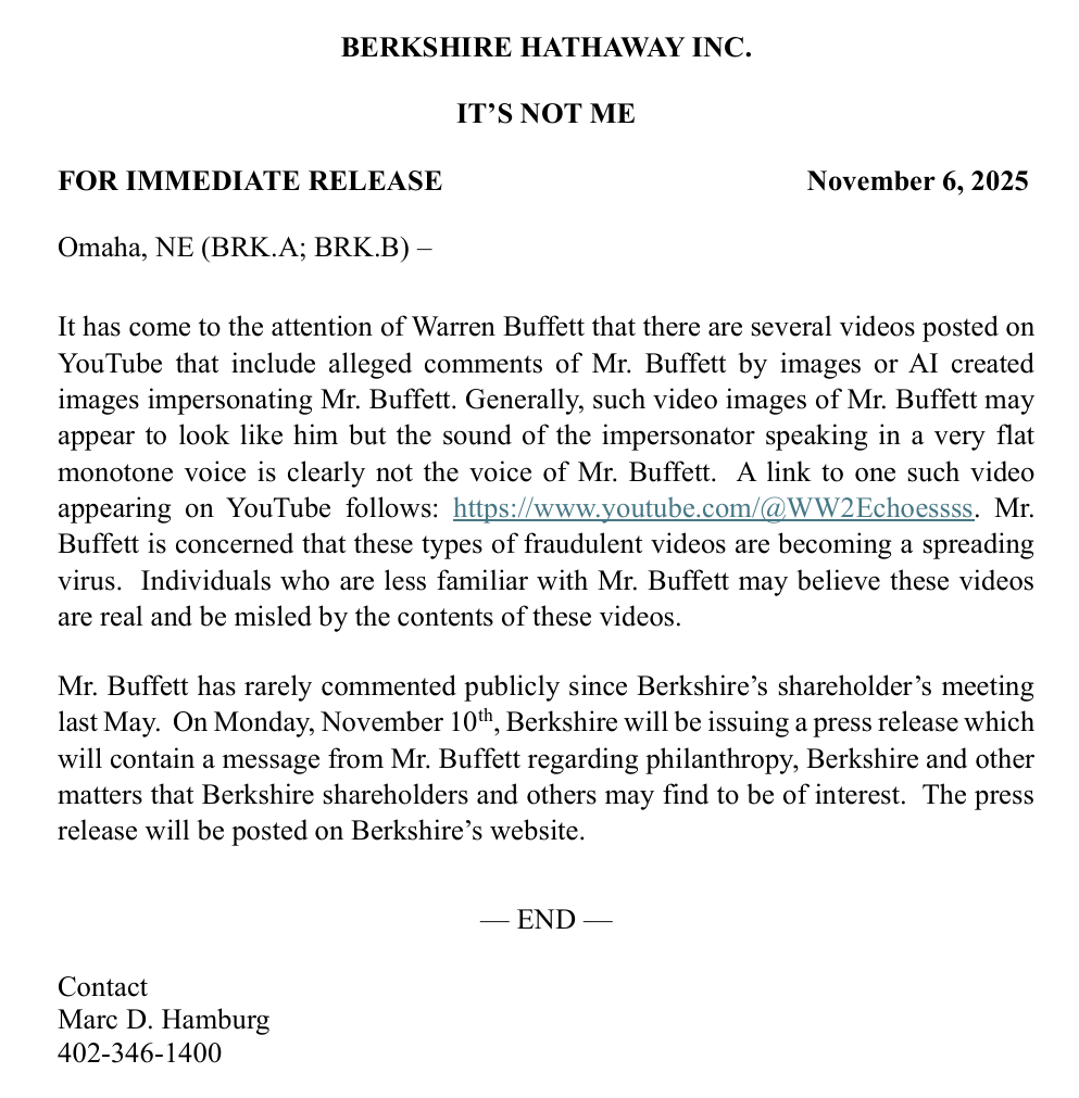 伯克希尔警告：网传 AI 生成巴菲特财务建议视频，声音明显不对