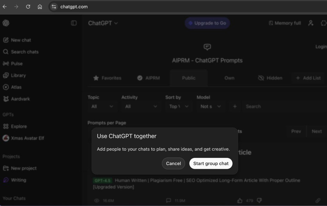 ChatGPT 内测“群聊”功能，OpenAI 计划推出“共享项目”模式