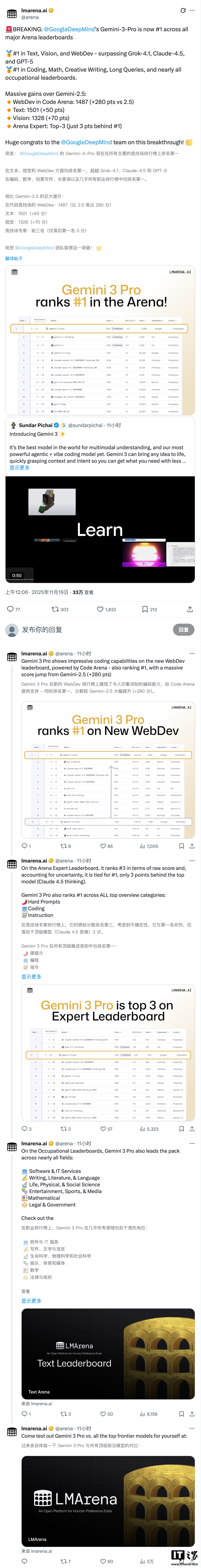 谷歌 Gemini 3.0 Pro 模型发布即登顶 LMArena，奥尔特曼、马斯克齐送贺电