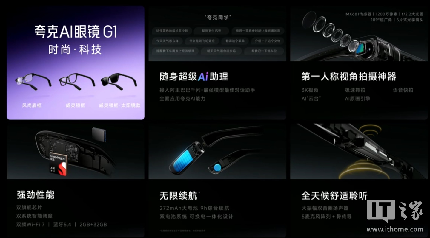 夸克 AI 眼镜 G1 发布：双芯双系统、3K 视频拍摄，1999 元起