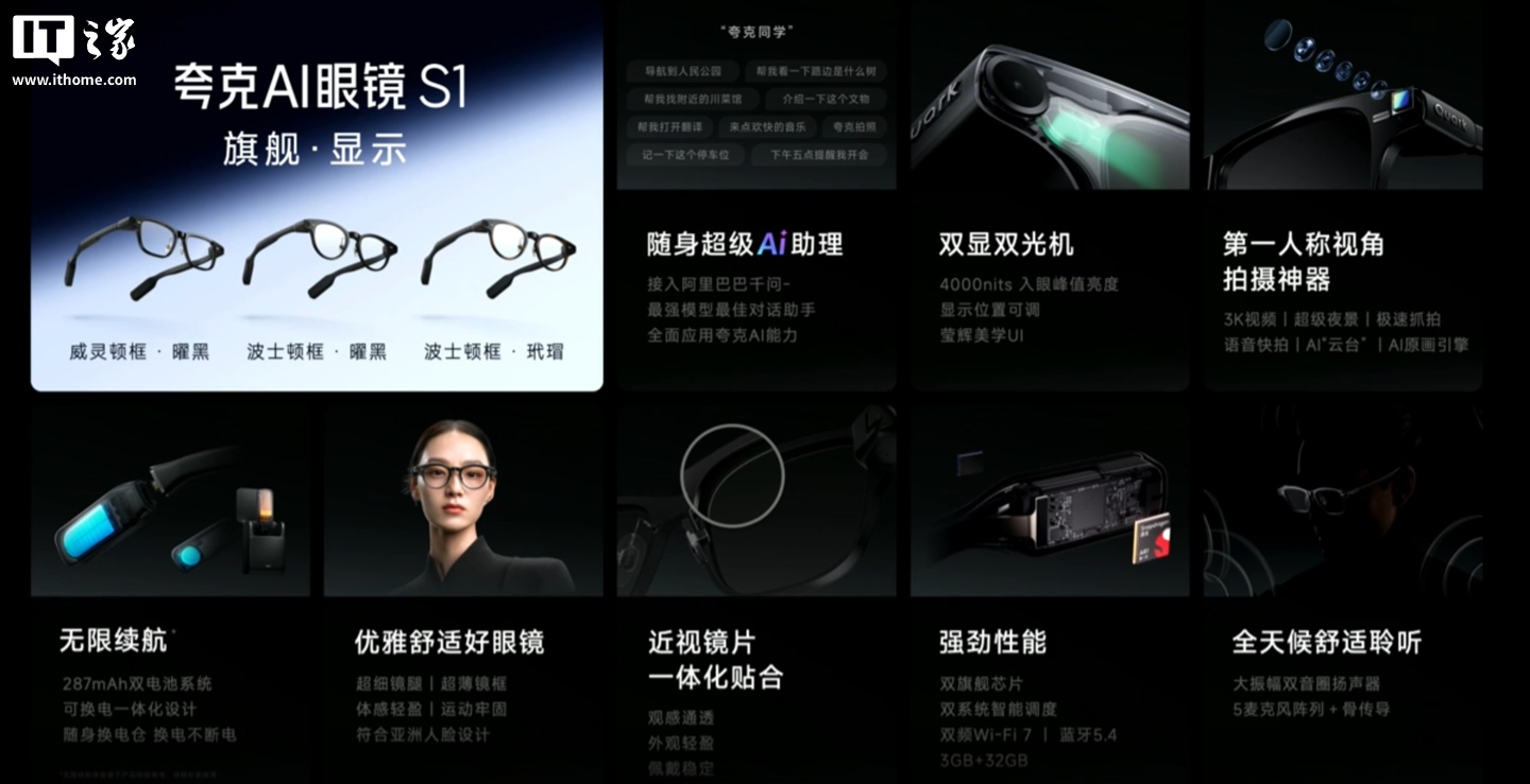 阿里首款自研 AI 眼镜：夸克 AI 眼镜 S1 发布，双光机显示、3K 视频拍摄、可换电设计