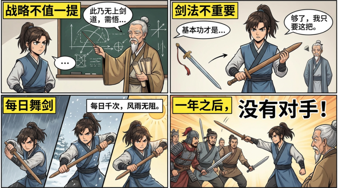 剑法不重要，每日舞剑，一年之后，没有对手。