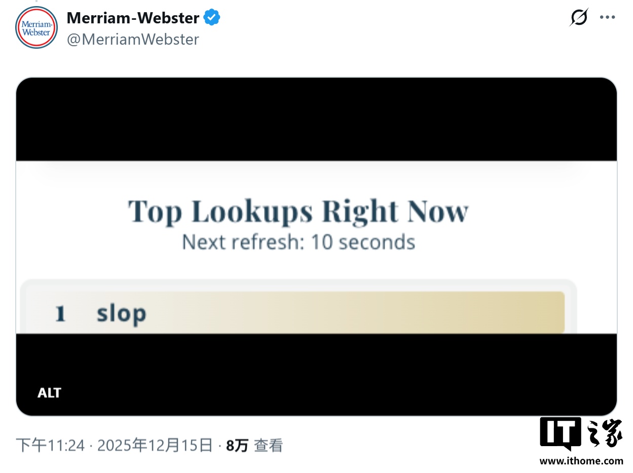 韦氏词典官宣：slop（AI 恶劣内容）当选 2025 年度词汇