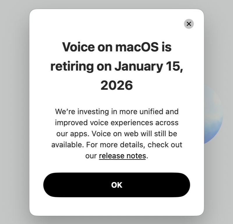 macOS 版 ChatGPT 应用官宣 2026 年 1 月停用 AI 语音模式