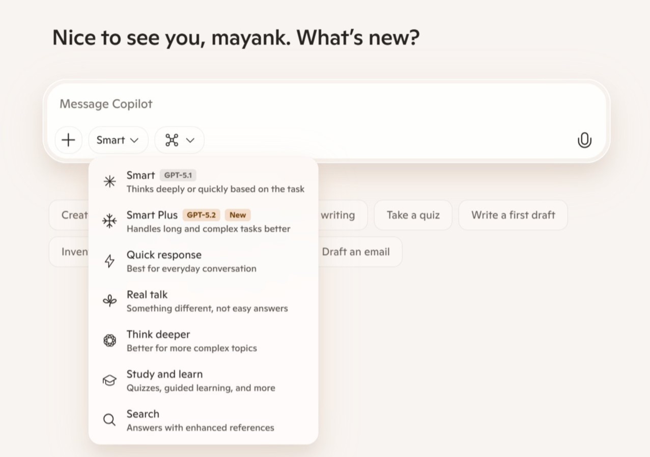 微软 Copilot AI 应用免费上线 GPT 5.2，“专家级”处理复杂办公任务