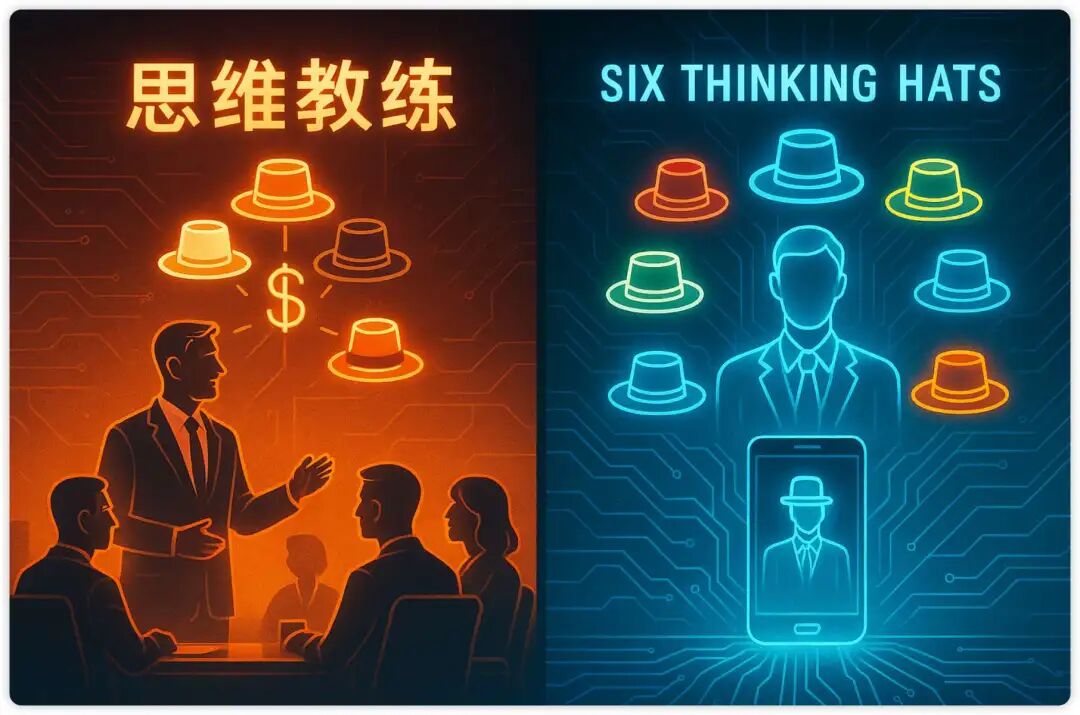 思维混乱有救了！我把顶级“思维教练”塞进AI，让人人都能用的六顶思考帽（附Prompt）