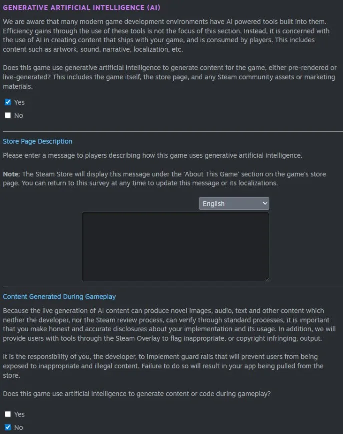 Steam 面向开发者提出新规：应说明游戏中哪些玩家可见的内容使用 AI 生成