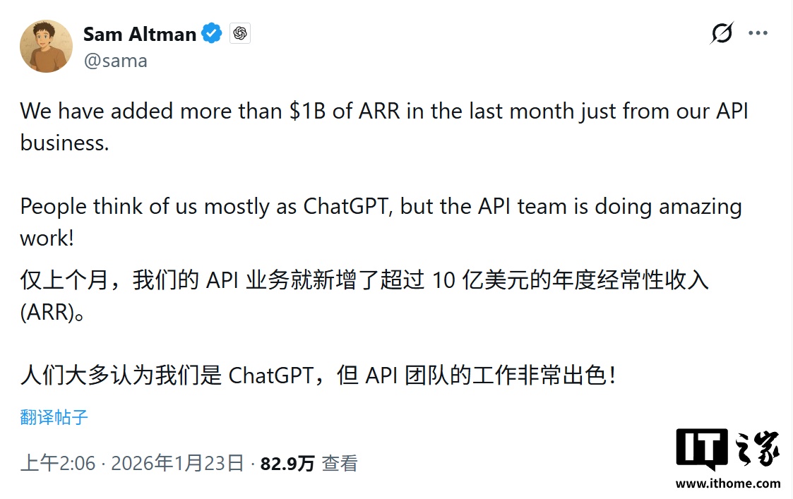 硅谷印钞机：奥尔特曼宣布 OpenAI API 业务上月新增 10 亿美元年度经常性收入