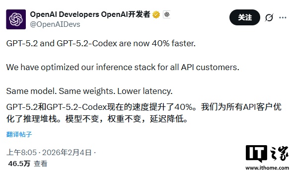 OpenAI：GPT-5.2/Codex 模型的速度现已提升 40%