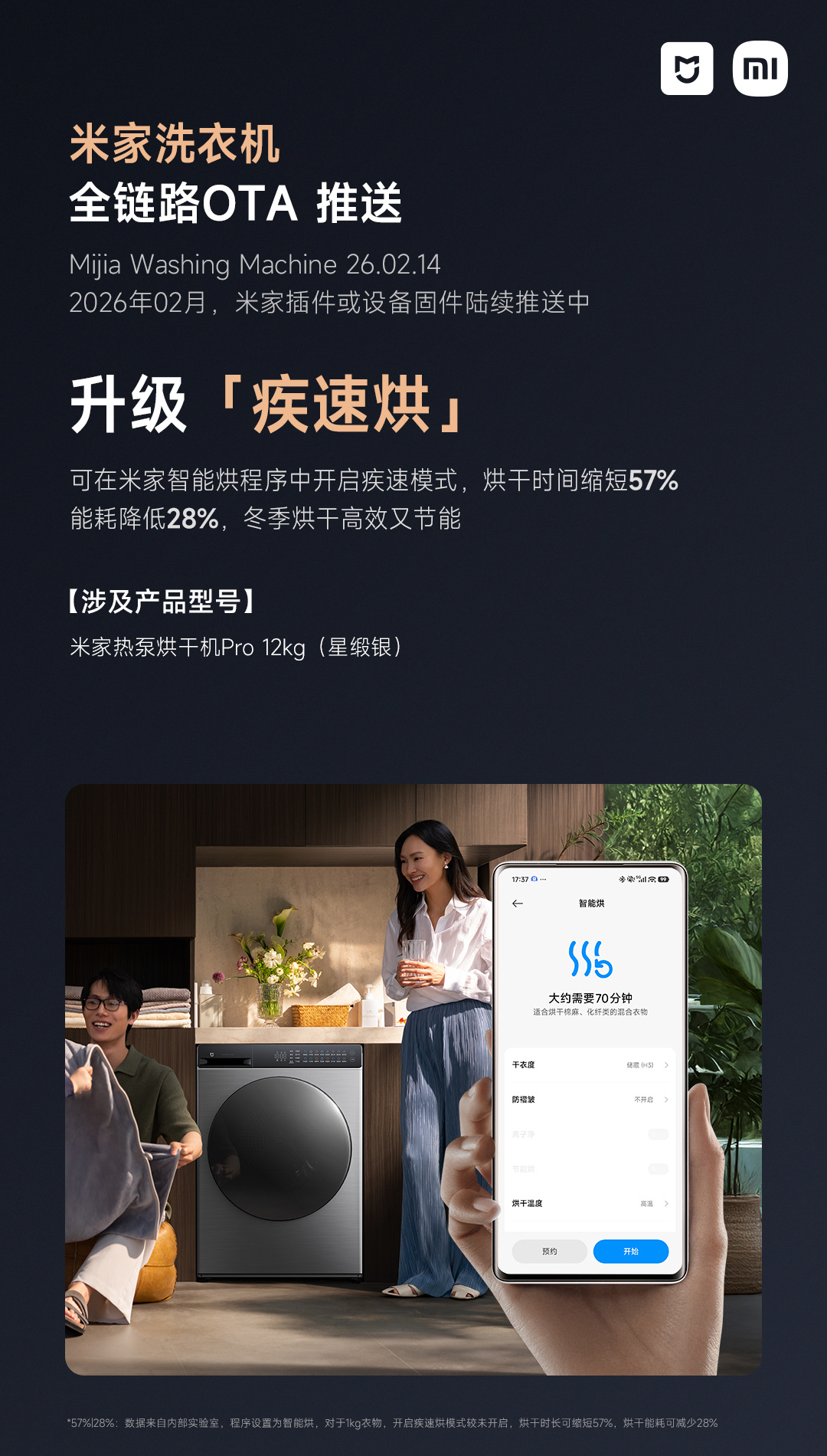 小米米家洗衣机 OTA 推送 26.02.14 版本，新增 30°C 水温调节等